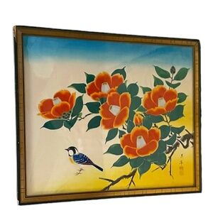 CHINESE BIRDS ON PEONIES ORIGINAL WATERCOLOR ON SILK PAINTING‎ SIGNED